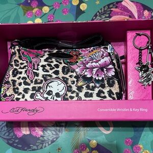 Ed Hardy Pink and Black Leopard Wristlet with Key Ring